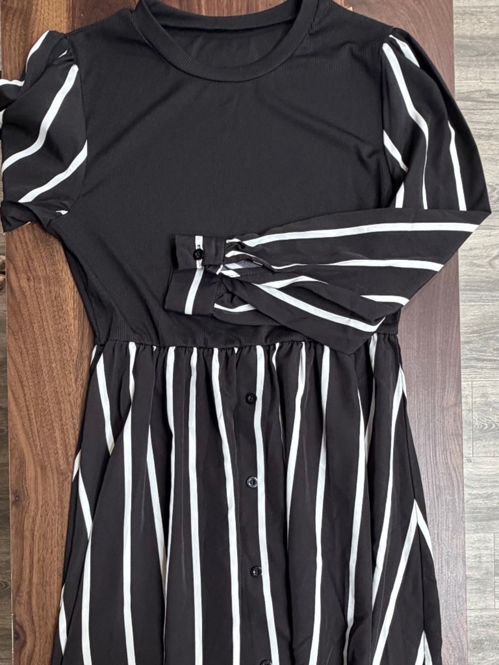 Black Ribbed Long Sleeve Midi Dress Black and White Striped Sleeves and Skirt